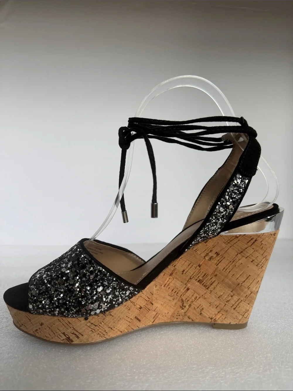 GUESS Edinna Black Glitter Cork Wedge Sandals Lace-Up Peep Toe Size 7